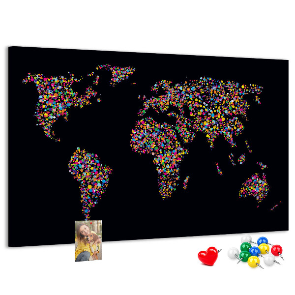 Tableau affichage liège Carte du monde colorée avec des cœurs