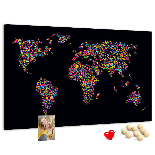 Tableau affichage liège Carte du monde colorée avec des cœurs