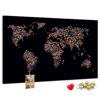 Tableau affichage liège Carte du monde colorée avec des cœurs