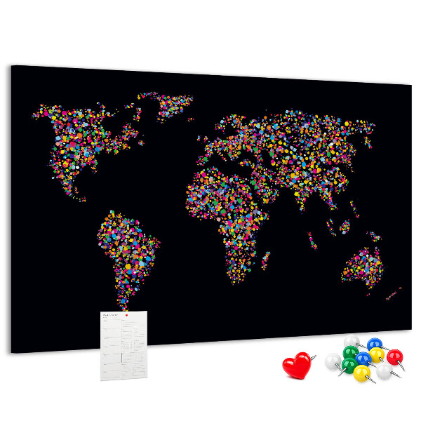 Tableau affichage liège Carte du monde colorée avec des cœurs
