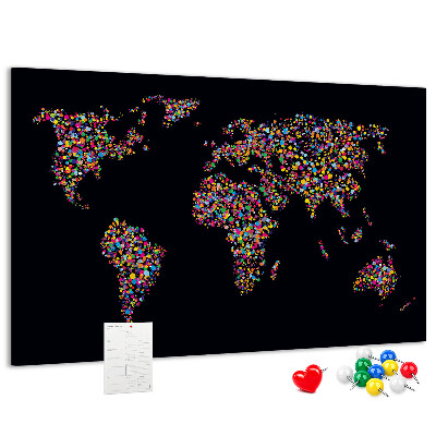 Tableau affichage liège Carte du monde colorée avec des cœurs