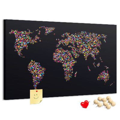 Tableau affichage liège Carte du monde colorée avec des cœurs