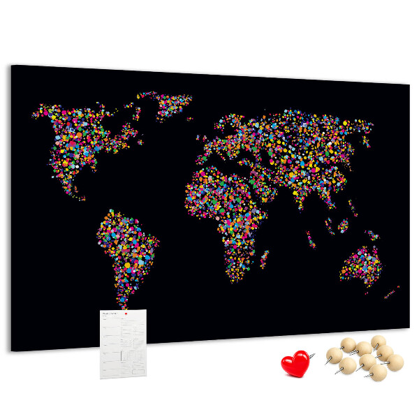 Tableau affichage liège Carte du monde colorée avec des cœurs