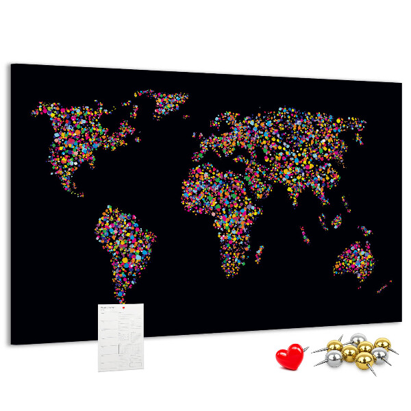 Tableau affichage liège Carte du monde colorée avec des cœurs