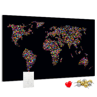 Tableau affichage liège Carte du monde colorée avec des cœurs