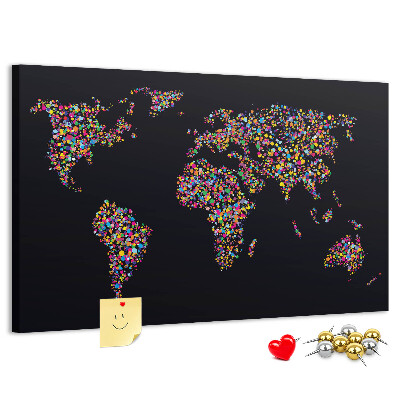 Tableau affichage liège Carte du monde colorée avec des cœurs