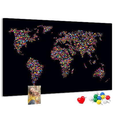 Tableau affichage liège Carte du monde colorée avec des cœurs