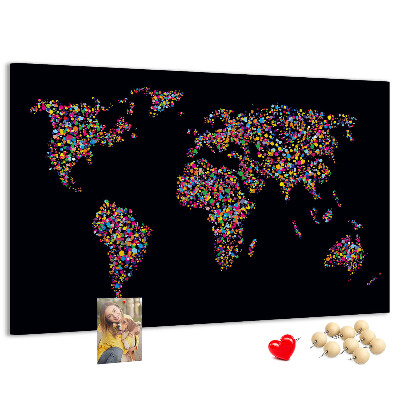 Tableau affichage liège Carte du monde colorée avec des cœurs