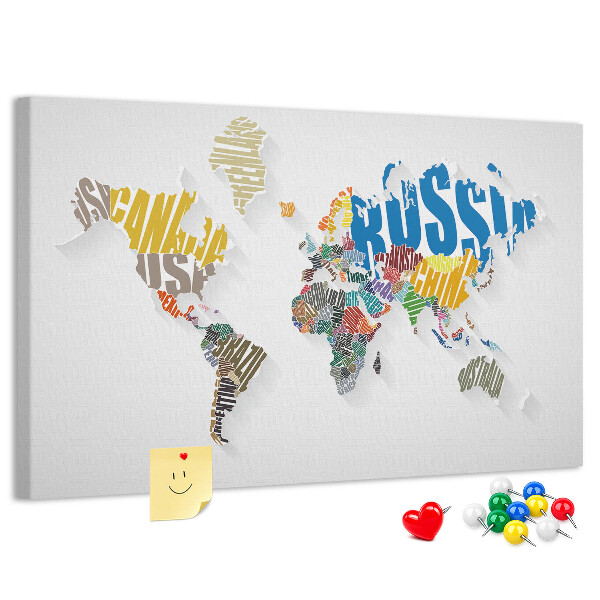 Tableau de liège Carte du monde colorée avec les noms des pays