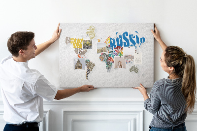 Tableau de liège Carte du monde colorée avec les noms des pays