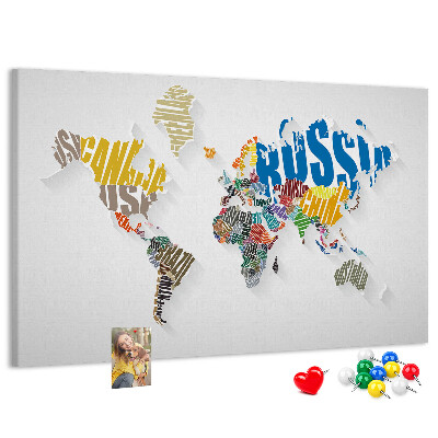 Tableau de liège Carte du monde colorée avec les noms des pays