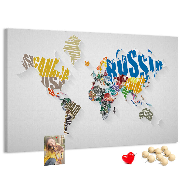 Tableau de liège Carte du monde colorée avec les noms des pays
