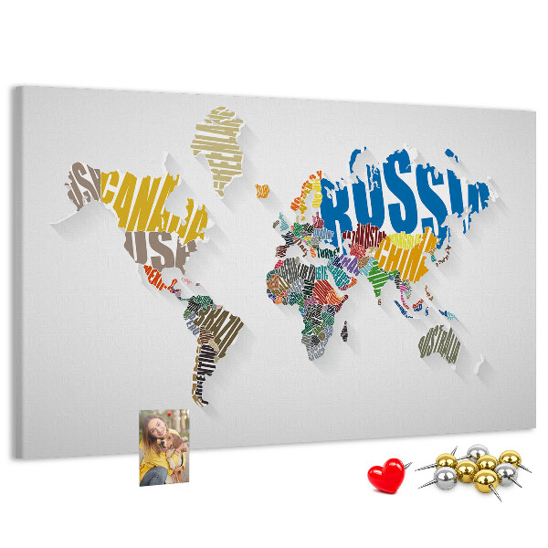 Tableau de liège Carte du monde colorée avec les noms des pays
