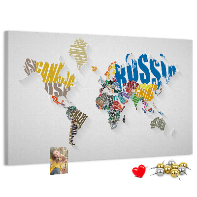 Tableau de liège Carte du monde colorée avec les noms des pays