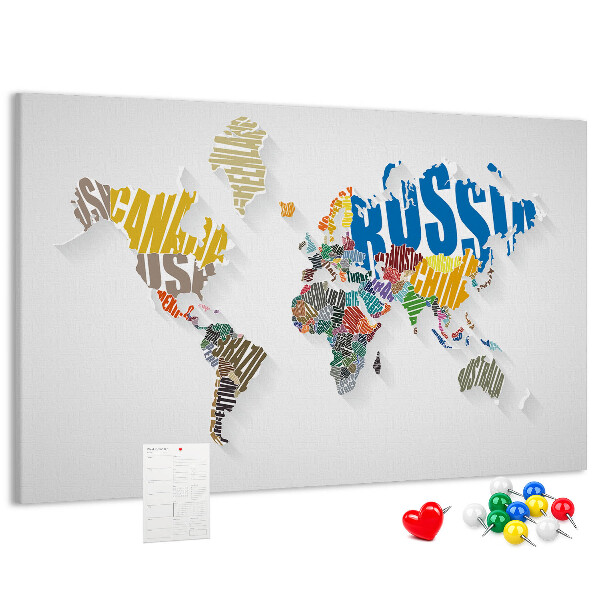 Tableau de liège Carte du monde colorée avec les noms des pays