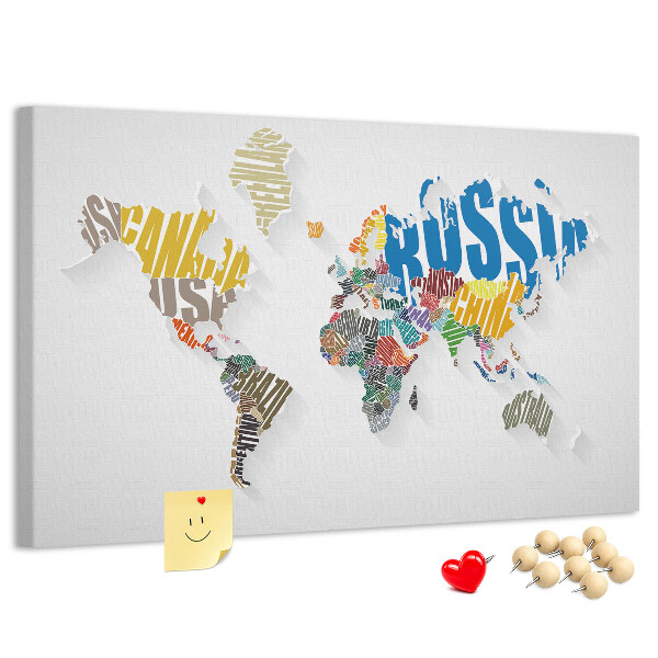 Tableau de liège Carte du monde colorée avec les noms des pays