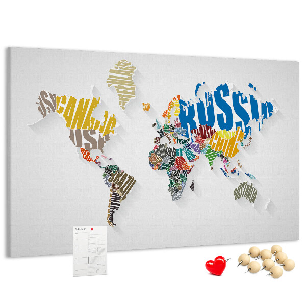 Tableau de liège Carte du monde colorée avec les noms des pays