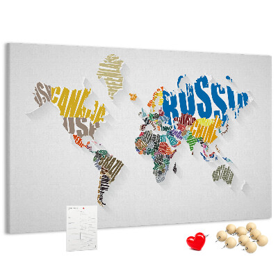 Tableau de liège Carte du monde colorée avec les noms des pays