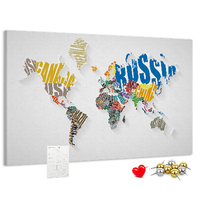 Tableau de liège Carte du monde colorée avec les noms des pays