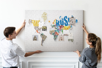 Tableau de liège Carte du monde colorée avec les noms des pays