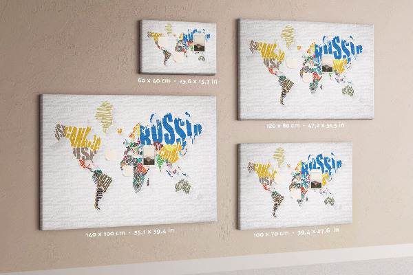 Tableau de liège Carte du monde colorée avec les noms des pays