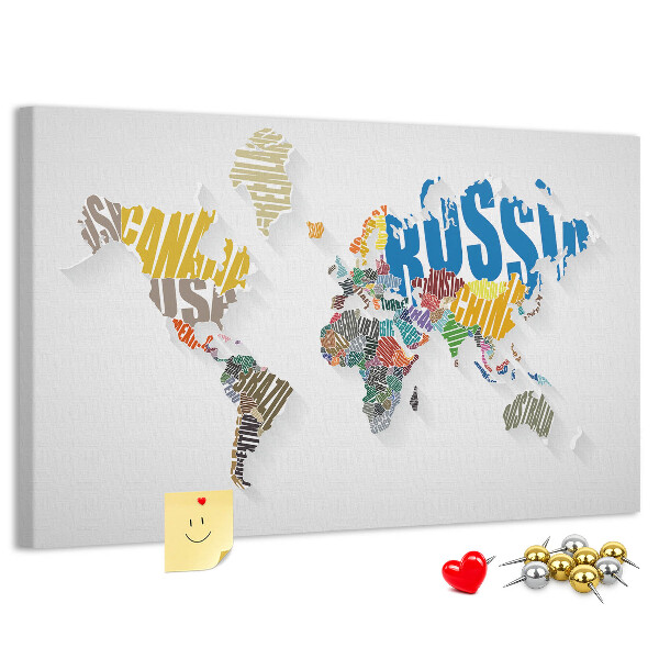 Tableau de liège Carte du monde colorée avec les noms des pays