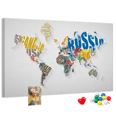 Tableau de liège Carte du monde colorée avec les noms des pays