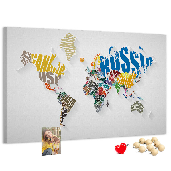 Tableau de liège Carte du monde colorée avec les noms des pays