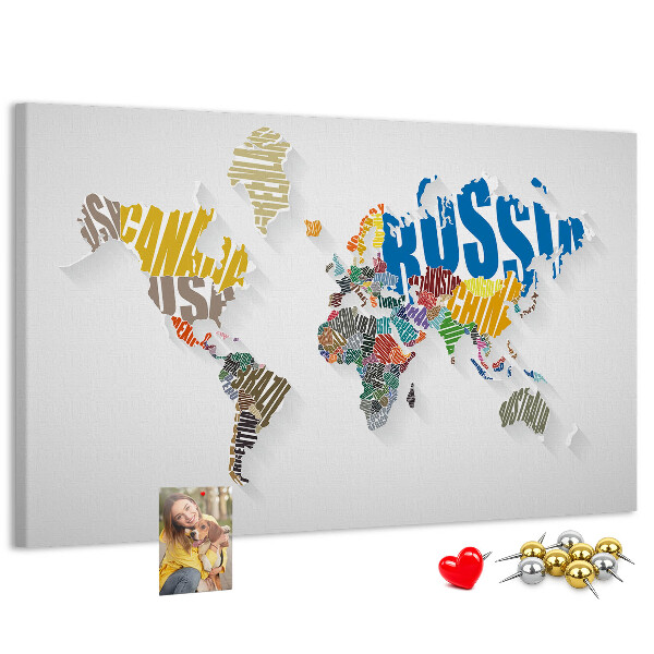 Tableau de liège Carte du monde colorée avec les noms des pays