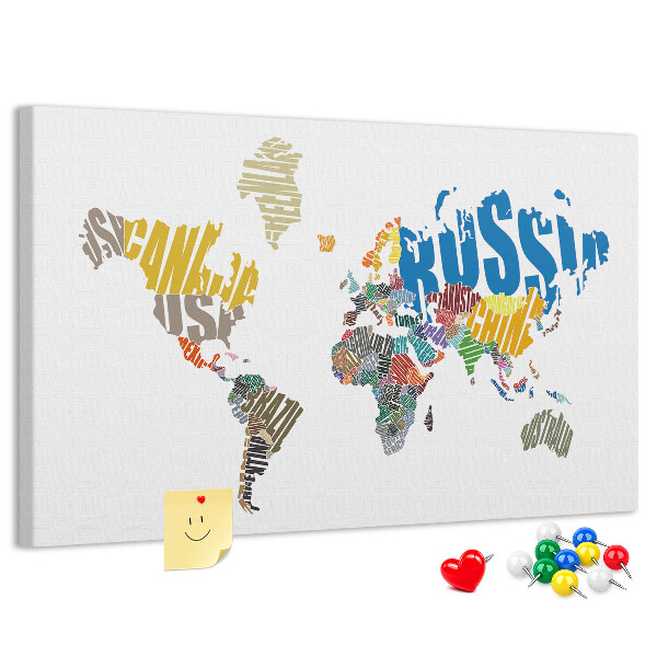 Tableau affichage liège Carte du monde avec les noms des pays.