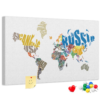 Tableau affichage liège Carte du monde avec les noms des pays.
