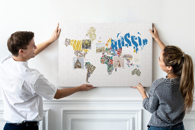 Tableau affichage liège Carte du monde avec les noms des pays.