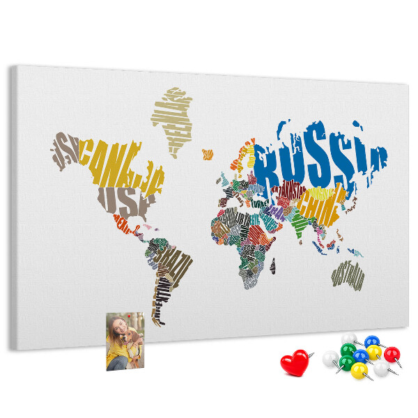 Tableau affichage liège Carte du monde avec les noms des pays.