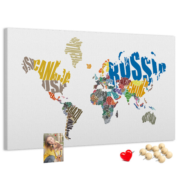 Tableau affichage liège Carte du monde avec les noms des pays.