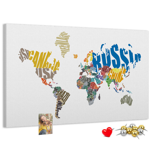 Tableau affichage liège Carte du monde avec les noms des pays.
