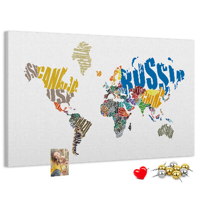 Tableau affichage liège Carte du monde avec les noms des pays.