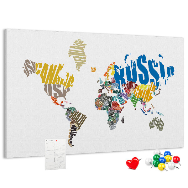 Tableau affichage liège Carte du monde avec les noms des pays.