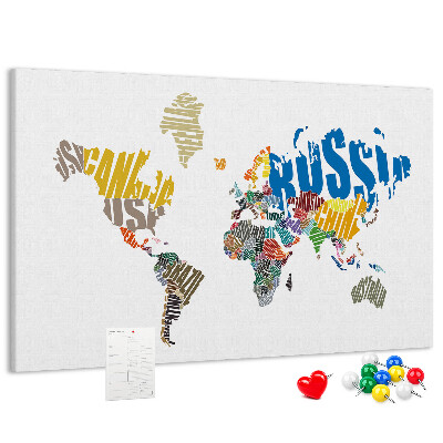 Tableau affichage liège Carte du monde avec les noms des pays.
