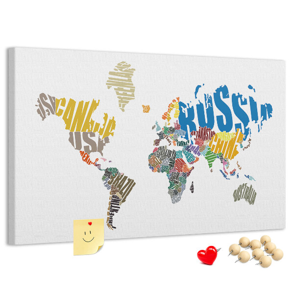 Tableau affichage liège Carte du monde avec les noms des pays.
