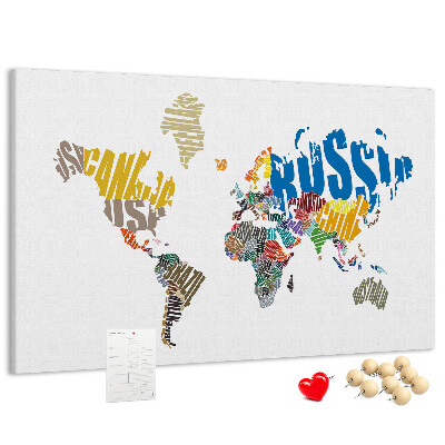 Tableau affichage liège Carte du monde avec les noms des pays.