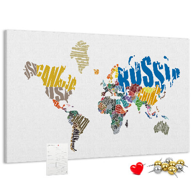 Tableau affichage liège Carte du monde avec les noms des pays.