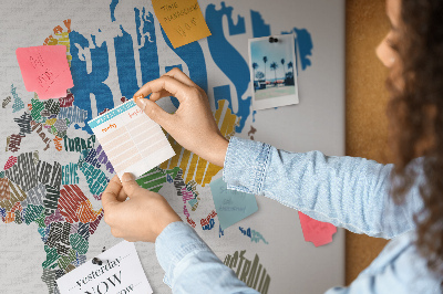 Tableau affichage liège Carte du monde avec les noms des pays.