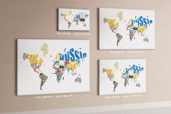 Tableau affichage liège Carte du monde avec les noms des pays.