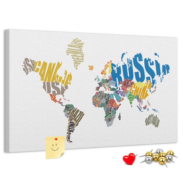 Tableau affichage liège Carte du monde avec les noms des pays.