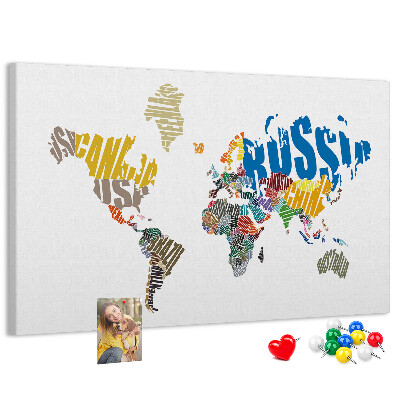 Tableau affichage liège Carte du monde avec les noms des pays.