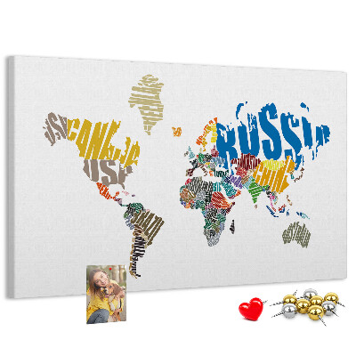 Tableau affichage liège Carte du monde avec les noms des pays.