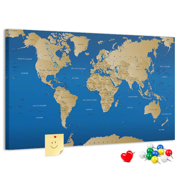 Tableau de liège Carte du monde avec épingles de couleur