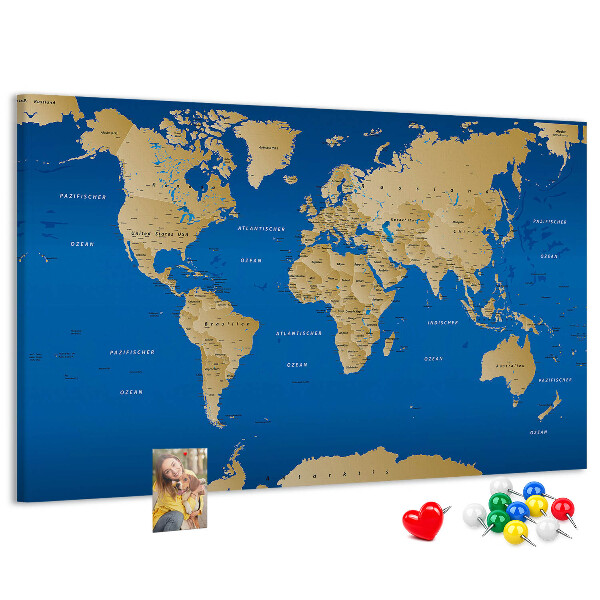 Tableau de liège Carte du monde avec épingles de couleur
