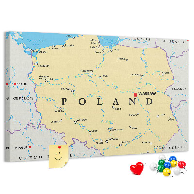 Tableau affichage liège Carte de la Pologne avec Varsovie indiquée