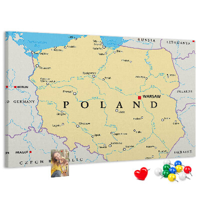 Tableau affichage liège Carte de la Pologne avec Varsovie indiquée